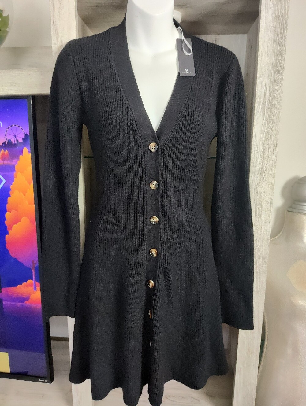 Lulu's Black Button-Front Ribbed Knit Cardigan Dress SZ M New With Tags